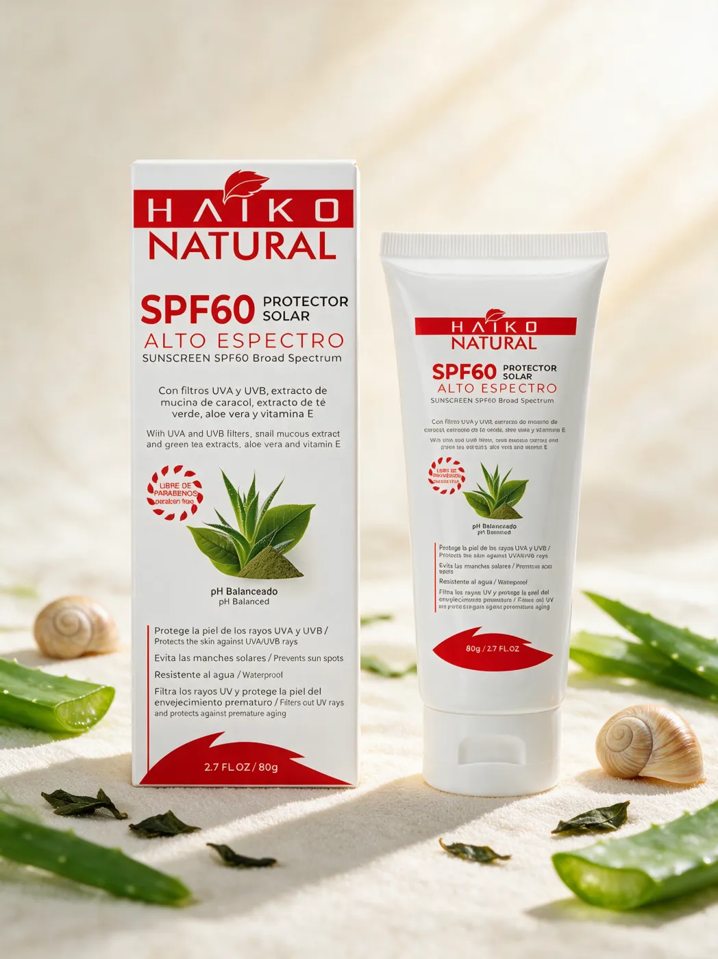 Protector Solar SPF 60 con Extracto de Caracol, Aloe Vera, Té Verde y Vitamina E